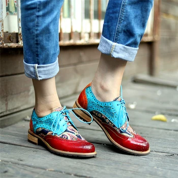 Moterims, natūralios odos brogue atsitiktinis dizainerio vintage Retro lady butai, batai, rankų darbo oksfordo bateliai moterims mėlyna 2020 m. pavasarį