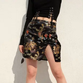 Moteriški Kinų Stiliaus Aukšto Juosmens Mini Bodycon Sijonas Dragon Siuvinėjimo Clubwear
