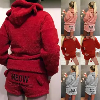 Moteriški Ponios Šiltas Ilgomis Rankovėmis Hoodie+Šortai Gniūžtės Dalių Komplektas Pižama Komplektus Sleepwear