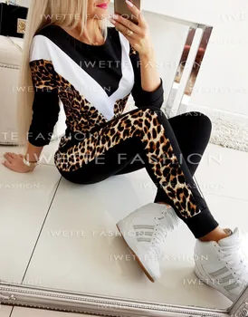 Moteriški Tracksuit Rudens-Žiemos Mados Lady Sudurti Vilnos Leopardas Spausdinti Kratinys Kailis Dviejų Dalių Rinkinys, Hoodies Ilgas Kelnes Kostiumas