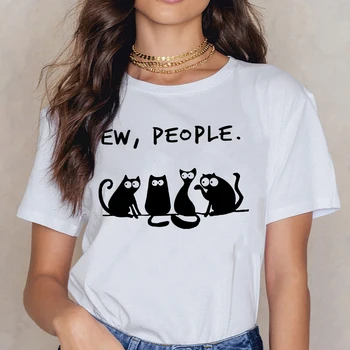 Moteriški marškinėliai Plius Dydžio Marškinėlius Harajuku EW Žmonių Katė Spausdinti Ropa Tumblr Mujer Balti trumpomis Rankovėmis, Crewneck Atsitiktinis Vasarą Viršų