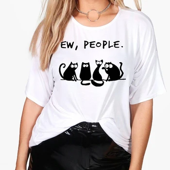 Moteriški marškinėliai Plius Dydžio Marškinėlius Harajuku EW Žmonių Katė Spausdinti Ropa Tumblr Mujer Balti trumpomis Rankovėmis, Crewneck Atsitiktinis Vasarą Viršų