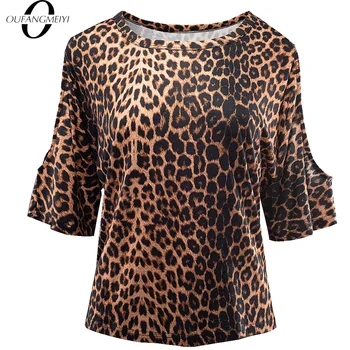 Moterys, O Kaklo Atsitiktinis Leopard Stilingas Stebėjimo T-Shirt Rudenį Moterų Trumpai Laisvus Bazinės Tees ET054