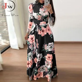 Moterys Vasarą Ilga Suknelė 2020 Atsitiktinis Ilgomis Rankovėmis Boho Gėlių Spausdinti Maxi Suknelė Golfo Tvarstis Elegantiškas Šalis Suknelės Vestidos