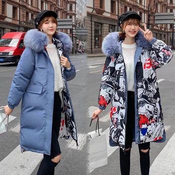 Moterys du kartus dviejų pusių su kailio apykakle ilgai parko gobtuvu spausdinti 2020 metų žiemos mados paltai atsitiktinis stora šilta moteriška striukė