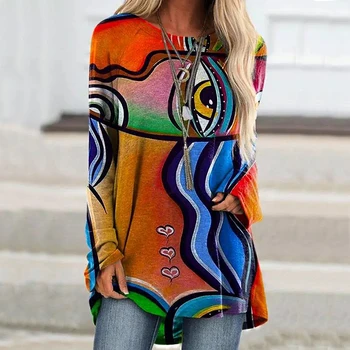 Moterų Atsitiktinis ilgomis Rankovėmis T-shirt Naujo Dizaino Abstrakčiai Veidą, Print T-shirt Rudens Mados Viršūnes Elegantiškas marškinėliai, 18 Spalvų