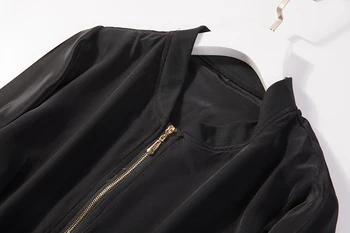 Moterų Gryno Šilko plonas tipas stovėti apykaklės, zip-up black su pocktets bombonešis Striukės, Paltai Viršuje JN534