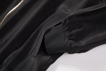 Moterų Gryno Šilko plonas tipas stovėti apykaklės, zip-up black su pocktets bombonešis Striukės, Paltai Viršuje JN534