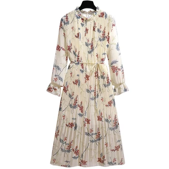 Moterų Gėlių Smocked Juosmens Kaklaraištis Kaklo Sluoksnių Šifono Midi Suknelė 2021 Naujus moteriškus Saldus Plisuotos Suknelės Kobieta Sukienka