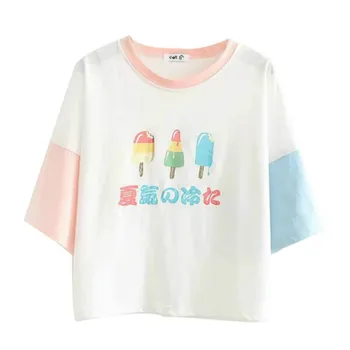 Moterų Harajuku Spausdinti Marškinėliai Trumpomis Rankovėmis Nukentėjo Spalva Vatos Pagaliukai Tees Už Femme Japonija Stiliaus Animaciją Atspausdintas T Shirts