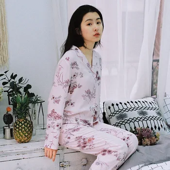 Moterų Ilgas Rankovėmis Satino Pižama Rudens Gėlių Spausdinti Pijama Mujer Loungewear 2 Gabalas Moterims Dėvėti Sleepwear Sexy Namų Drabužiai