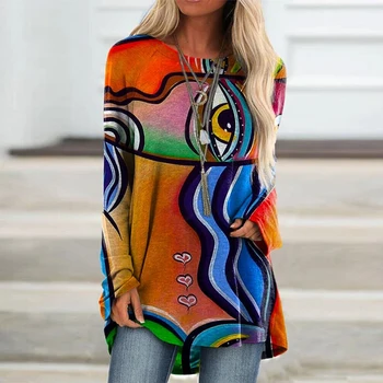 Moterų Laisvi Marškinėliai Ponios Viršūnes Derliaus Abstrakčiai Veido Išspausdintas Viršų Tee ilgomis Rankovėmis Marškinėliai Moterų Plius Dydžio Megztinis Vintage Marškinėliai