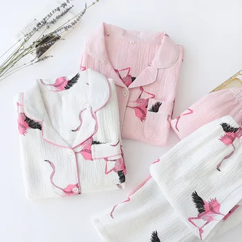 Moterų Medvilnės, Ilgomis Rankovėmis, Kelnes Pižama Flamingo Spausdinimo Pijamas 2 Dalių Kostiumą Loungewear Plonas Krepinio Audinio Namų Sleepwear