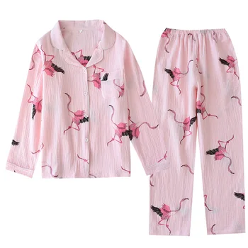 Moterų Medvilnės, Ilgomis Rankovėmis, Kelnes Pižama Flamingo Spausdinimo Pijamas 2 Dalių Kostiumą Loungewear Plonas Krepinio Audinio Namų Sleepwear