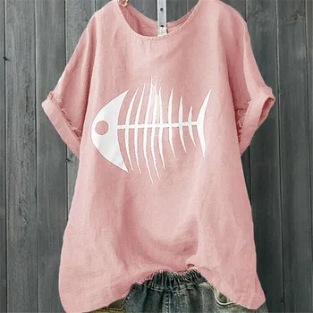 Moterų Medvilnės Skalbiniai T-shirt 2019 Mados Žuvų Kaulų, Print T-Laisvi marškinėliai trumpomis Rankovėmis Viršūnes Karšto Apvalios Kaklo Plius Dydis Marškinėliai M-3XL