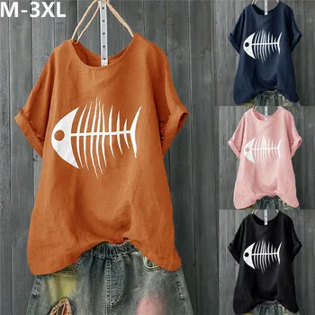 Moterų Medvilnės Skalbiniai T-shirt 2019 Mados Žuvų Kaulų, Print T-Laisvi marškinėliai trumpomis Rankovėmis Viršūnes Karšto Apvalios Kaklo Plius Dydis Marškinėliai M-3XL