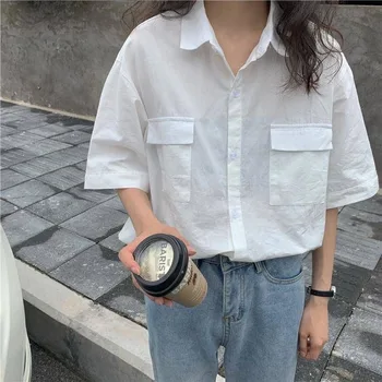 Moterų Palaidinė Vasaros Trumpomis Rankovėmis Retro Studentų Streetwear Bf Pora Negabaritinių Balta Korėjos Stiliaus Prabangus Vieną Krūtinėmis Moterys Naujas