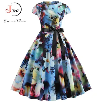 Moterų Vintage Suknelė Vasaros Gėlių Spausdinti trumpomis Rankovėmis Suknelės 50s 60s Biuro Šalis Rockabilly Sūpynės Retro Pinup Plius Dydis