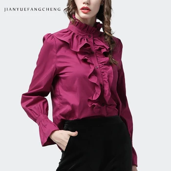 Moterų Violetiniai Marškinėliai Elegantiška Susiėmę Golfo Ilgai Žiedlapis Rankovės 2019 M. Rudenį Naujų Lady Viršuje Cardigan Plius Dydis Office Marškinėliai