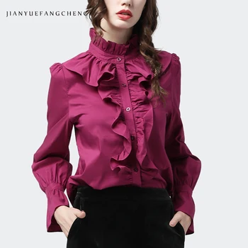 Moterų Violetiniai Marškinėliai Elegantiška Susiėmę Golfo Ilgai Žiedlapis Rankovės 2019 M. Rudenį Naujų Lady Viršuje Cardigan Plius Dydis Office Marškinėliai