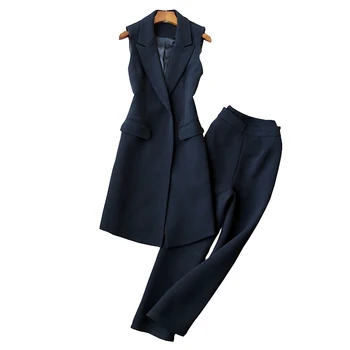 Moterų ilgas kelnes kostiumas office 2020 m. rudens ir žiemos naujas berankovis ilgai ponios švarkas Elegantiškas plataus kojų kelnės Dviejų dalių