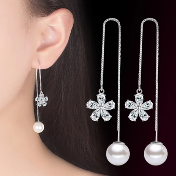 Moterų mados prekės ženklo sidabro papuošalai prabangių perlų elegantiškas ilgas ausis linija kutas Lašas Auskarai temperamentas paprastos moters ausies linija