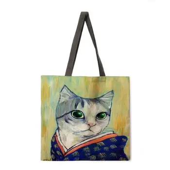 Moterų paplūdimio krepšys sulankstomas pečių maišą pirkinių krepšys žinomų tapybos katė spausdinti nešti maišą lino atsitiktinis nešti maišą daugkartinio naudojimo