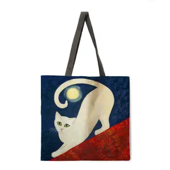 Moterų paplūdimio krepšys sulankstomas pečių maišą pirkinių krepšys žinomų tapybos katė spausdinti nešti maišą lino atsitiktinis nešti maišą daugkartinio naudojimo