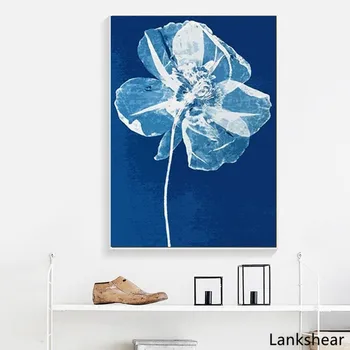 Mėlynas Skaidrus Gėlių Šiaurės Šalių Šiuolaikinio Minimalistinio Gėlių Meno Namų Apdailos Drobė, Tapyba Už Kambarį Plakatai Iliustracijos