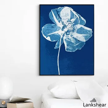 Mėlynas Skaidrus Gėlių Šiaurės Šalių Šiuolaikinio Minimalistinio Gėlių Meno Namų Apdailos Drobė, Tapyba Už Kambarį Plakatai Iliustracijos