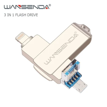 NAUJAS Wansenda OTG USB Flash Drive USB 3.0 Pendrive 128GB 64GB 32GB 16GB 3 in 1 Didelės Spartos Pen Ratai iOS/Android/VNT 3 Spalvų