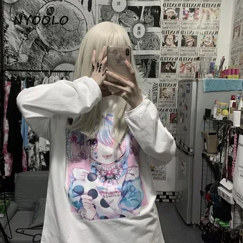 NYOOLO Harajuku streetwear ilgomis rankovėmis white T-shirt moterims, drabužiai Rudens mielas kawaii anime cartoon spausdinti saldus mergaičių viršūnes tee