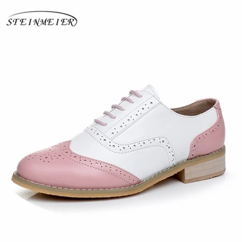 Natūralios odos big moteris JAV dydis 11 dizaineris derliaus butas batai rankų darbo baltas rožinis 2020 m., oksfordo bateliai moterims, su kailiu