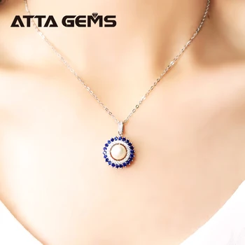 Natūralių Perlų Sterlingas Sidabro Pakabukas Moterų Fine Jewelry Gėlavandenių Perlų Turas 8mm Sukurta Mėlynas Safyras Klasikinis Stilius
