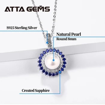 Natūralių Perlų Sterlingas Sidabro Pakabukas Moterų Fine Jewelry Gėlavandenių Perlų Turas 8mm Sukurta Mėlynas Safyras Klasikinis Stilius