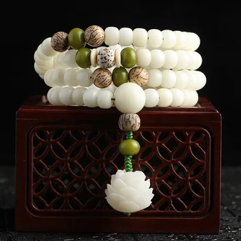Natūralus Baltas Bodhi Šaknis Karoliukų Apyrankę 108 Mala Moterims Jogos Meditacijos Balansavimo Lotoso Gėlė, Apyrankės Papuošalai Dropship