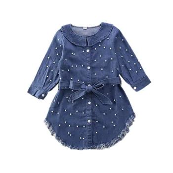 Nauja Vaikiška Blue Pearl Bowknot Denim Džinsai Baby Girl Long Sleeve T-Shirt Dress Vaikas Kailio Drabužiai