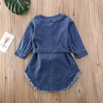 Nauja Vaikiška Blue Pearl Bowknot Denim Džinsai Baby Girl Long Sleeve T-Shirt Dress Vaikas Kailio Drabužiai