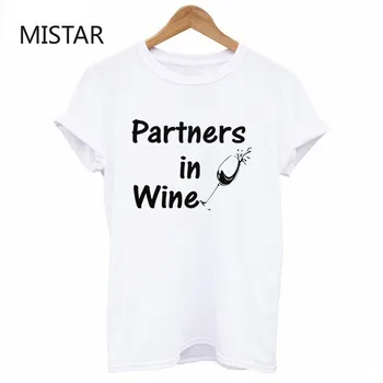 Nauja vasaros Spausdinti Partnerių Vyno BFF marškinėliai moterims atsitiktinis baltos viršūnės mados marškinėliai trumpomis rankovėmis grafinis tee moterims drabužių