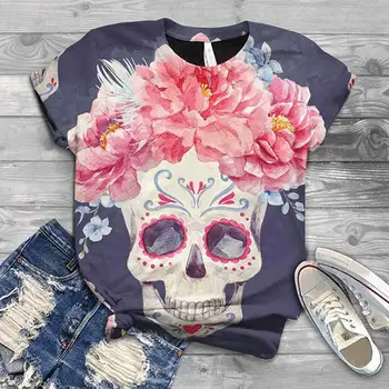 Naujas 3D Kaukolė Spausdinti Punk T Shirt Moterų Mados Atsitiktinis Trumpas Rankovės Gėlių T-shirts Chemise Femme Viršūnes Mujer Verano 2020 Z0615