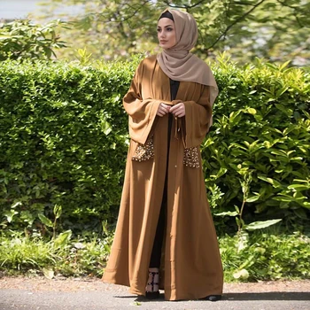 Naujas Dizainas Artimųjų Rytų Moterų Kaftan Su Kišenėje Rudos Spalvos Perlai, Priekiniai Atidaryti Musulmonų Arabų Abayas Kimono Islamo Apranga