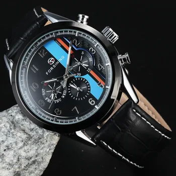 Naujas FORSINING Prabangos Prekės Mechancial Žiūrėti Vyrų Daugiafunkcis Laikrodis Odinis Dirželis Mėlyna Karinės Automatinė Analoginius Laikrodžius