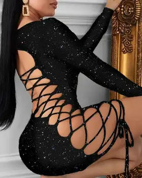 Naujas Moterų Sexy Bling Bodycon Mini Suknelė ilgomis Rankovėmis Blizgučiai Tvarstis Tuščiaviduriai iš Nėrinių Vakare Šalies Klubas Ponios Suknelės, Moteriški