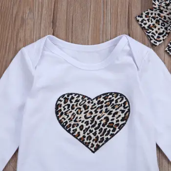 Naujas Puikus Naujagimio Bamblys Kūdikiui Baby Girl Romper +Ilgas Gėlių Kelnės+Lankelis 3Pcs Apranga Leopard Širdies Drabužių Rinkiniai