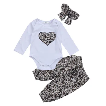 Naujas Puikus Naujagimio Bamblys Kūdikiui Baby Girl Romper +Ilgas Gėlių Kelnės+Lankelis 3Pcs Apranga Leopard Širdies Drabužių Rinkiniai