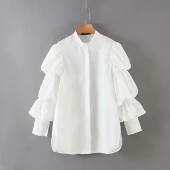 Naujas moterų stovėti apykaklės, plisuotos sluoksniuotos rankovėmis atsitiktinis balta Palaidinė marškinėliai moterims verslo Femininas Blusas chic prekės viršūnes LS6423