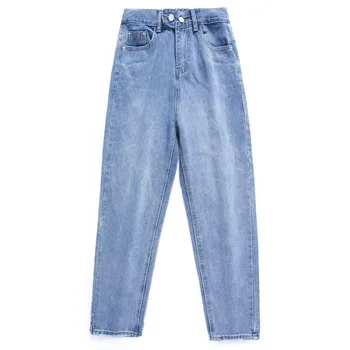 Negabaritinių ūgio ūgio moterys džinsai pavasario elastinga juosmens džinsinio audinio kelnės prarasti aukšto juosmens atsitiktinis X-ilgai haremas džinsai plius dydis G934