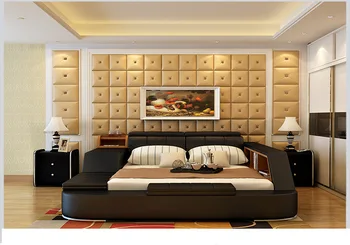 Nekilnojamojo natūralios odos lova rėmo Šiuolaikinės Minkštos Lovos su laikymo Namuose Miegamojo Baldai cama muebles de dormitorio / camas quarto