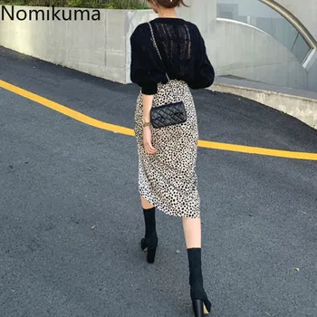 Nomikuma Korėjos Stiliaus Leopard Sijonas Moterims Rudens Žiemos Padalinta Elegantiška Vintage Aukšto Juosmens Vidurio Blauzdos Sijonai Moterų Faldas Mujer