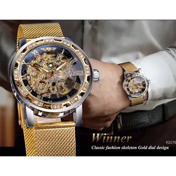 Nugalėtojas Aukso Laikrodžiai Vyrams Skeletas Mechaninė Žiūrėti Kristalų Akių Plonas Nerūdijančio Plieno Juosta Viršuje Prekės Prabanga Vertus Vėjo Laikrodis